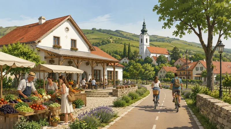 Magyar vidéki falu felújított közösségi házzal, helyi termelői piaccal és szőlőskerttel